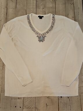IMAN Cream Knit V-Neck Sweater with Embellished Neckline